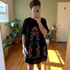 Free People Perfectly Victorian Embroidered Mini Dress in Black